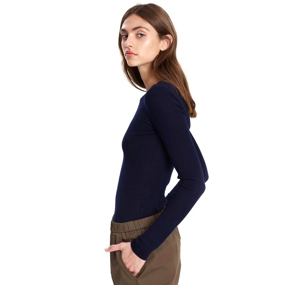 Theory Sweaters - THEORY Wool Crew Neck Knit Ribbed Sweater Navy